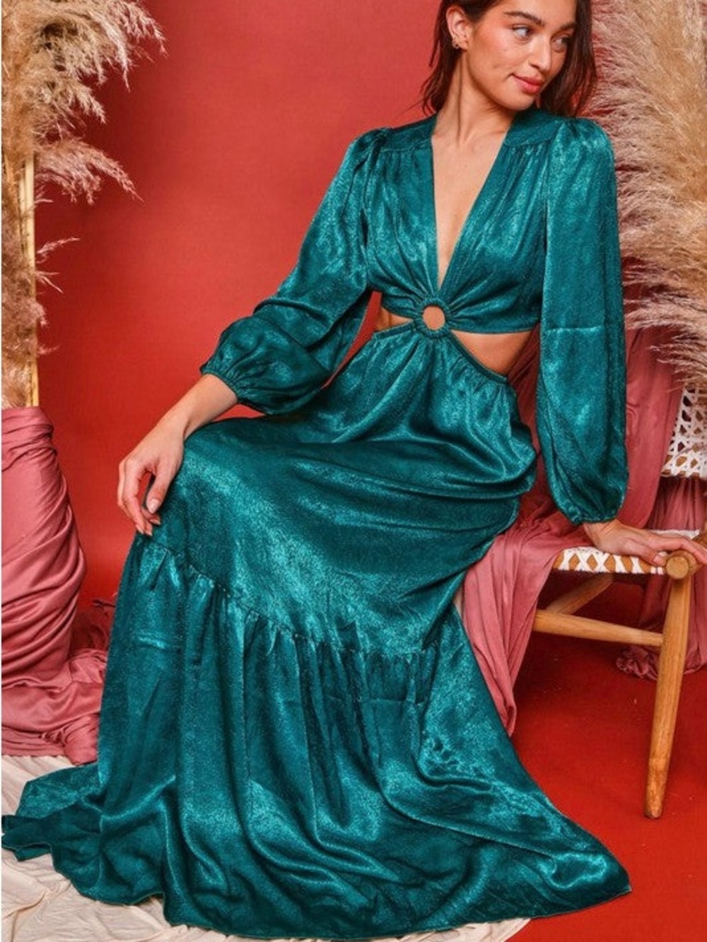Peach Love California Dress Womens M Green Satin Cutout Ring Maxi Gown Fairy - Picture 2 of 16